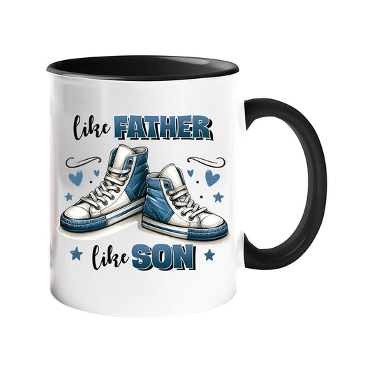 Colour handle mug with a pair of blue high-top sneakers with hearts and “Like father, like son” – black handle and inside