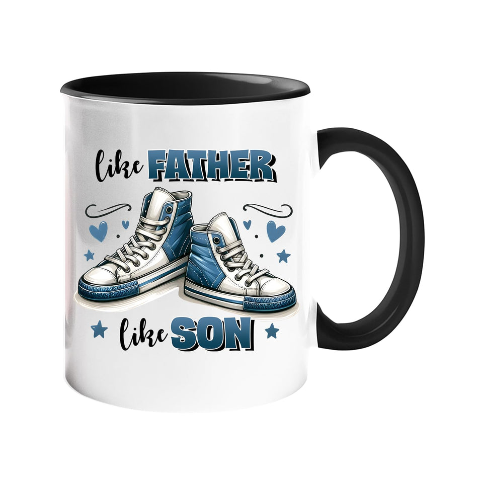Colour handle mug with a pair of blue high-top sneakers with hearts and “Like father, like son” – black handle and inside