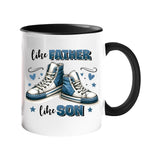 Colour handle mug with a pair of blue high-top sneakers with hearts and “Like father, like son” – black handle and inside