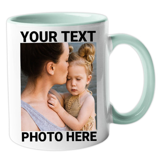 Mint green handle mug with an example photo and text