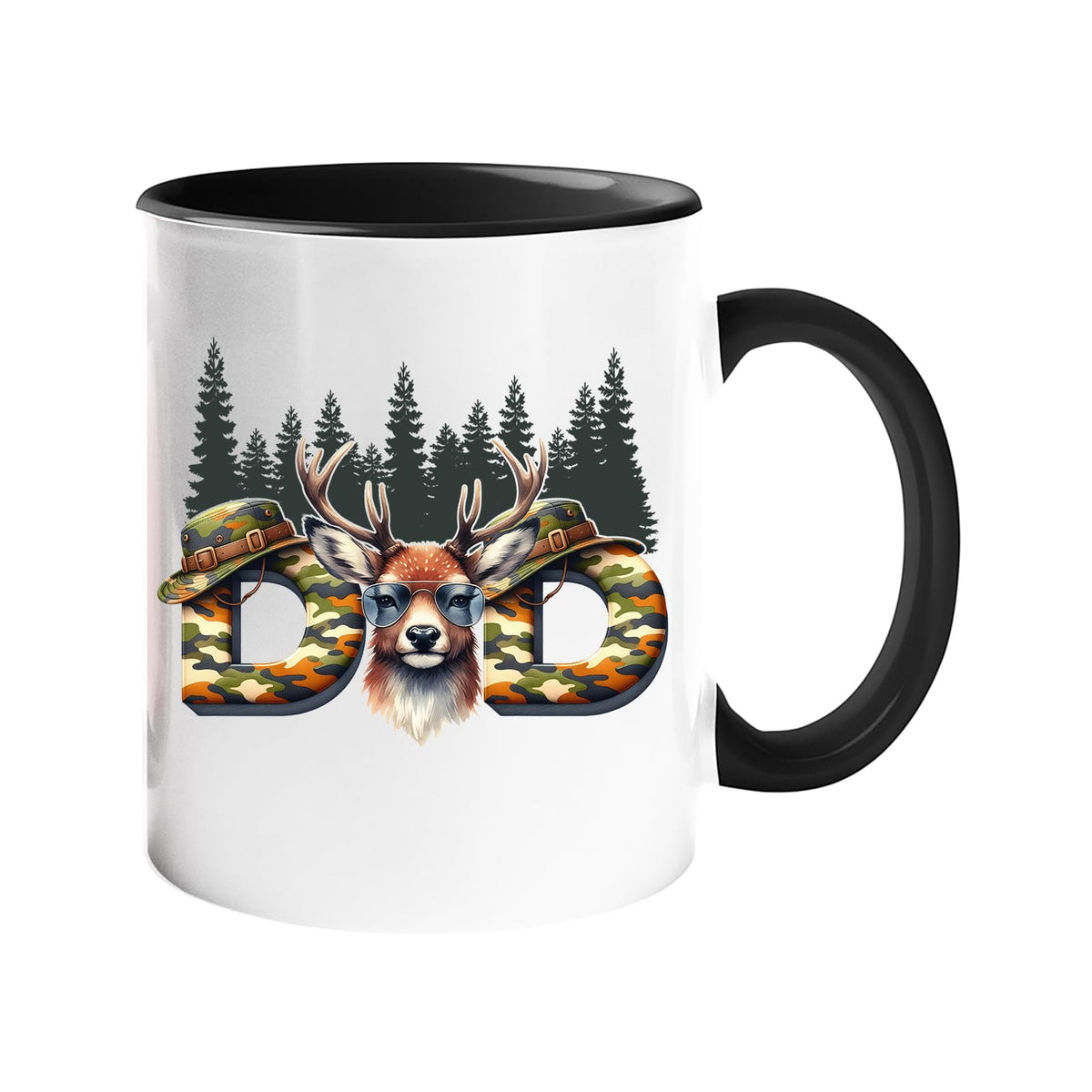 Colour handle mug with camo “DAD” letters with a stag’s head and pine forest – black handle and inside
