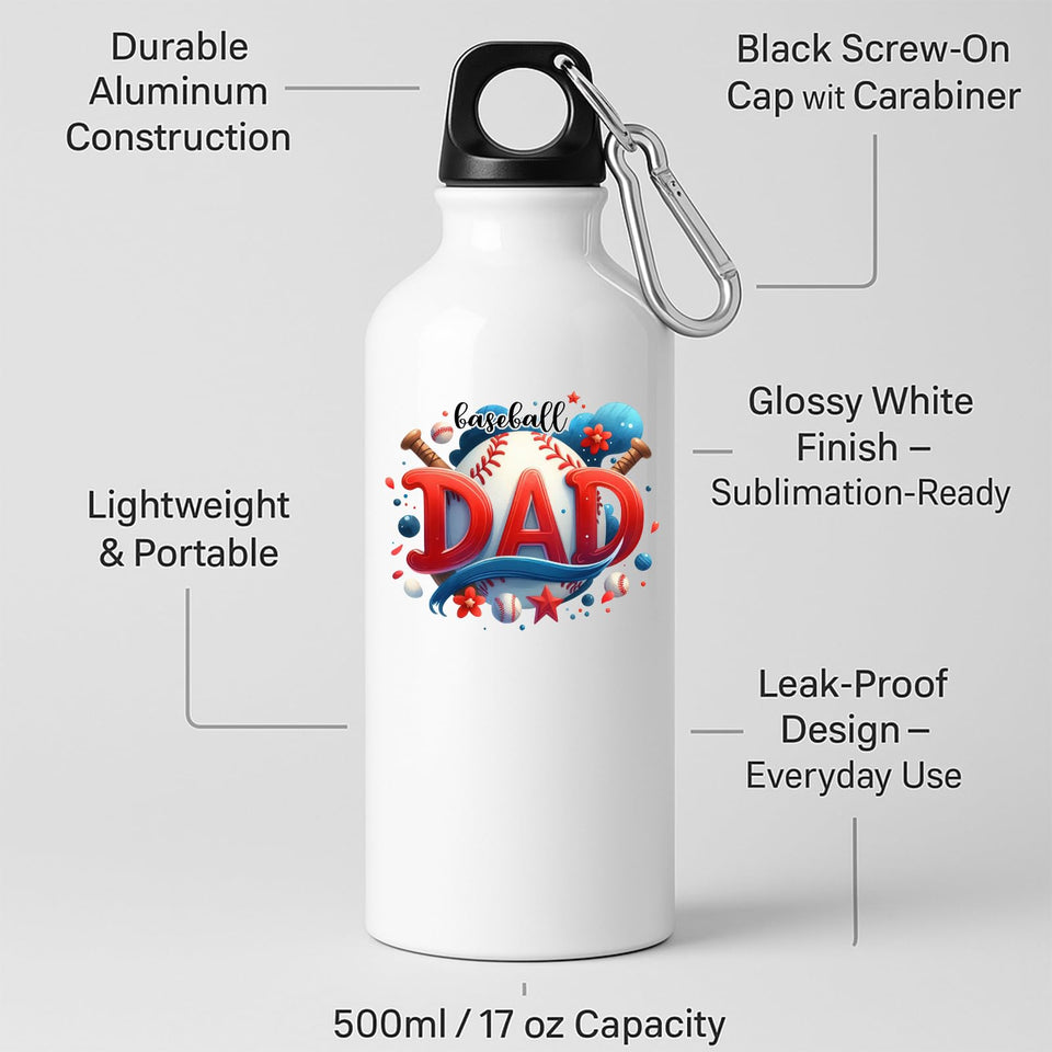 White water bottle with labels for aluminium body, screw-on cap with carabiner and leak-proof design