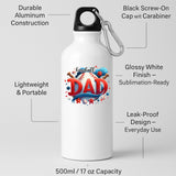 White water bottle with labels for aluminium body, screw-on cap with carabiner and leak-proof design