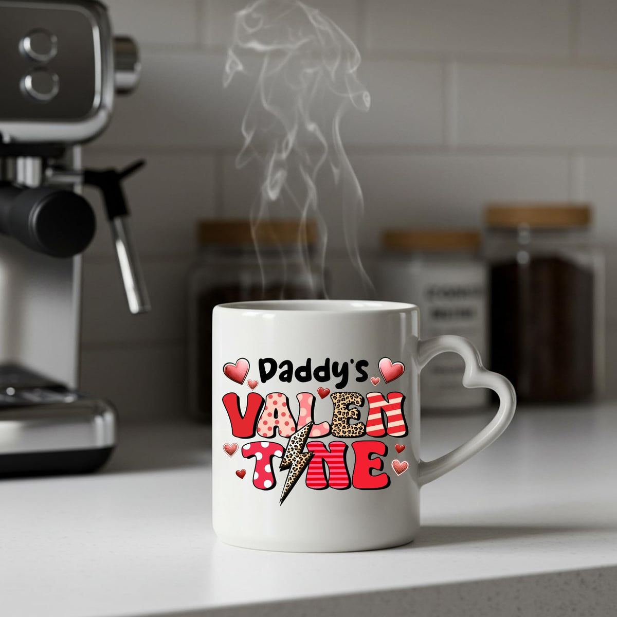 Steaming Daddy’s Valentine heart-handle mug on a kitchen counter
