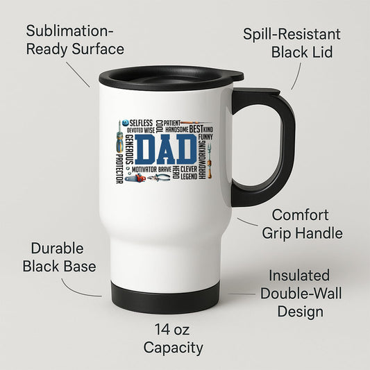 Travel mug with labels for spill-resistant lid, insulated double wall and 14oz capacity