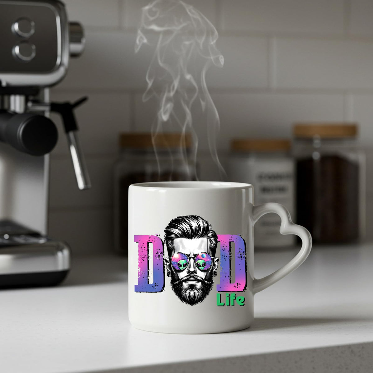 Steaming Dad Life bearded dad heart-handle mug on a kitchen counter