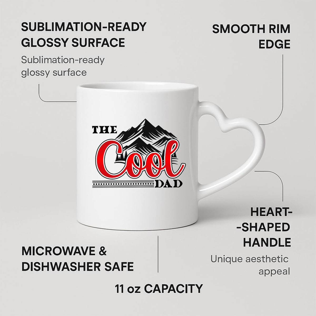 Heart-handle mug with labels for 11oz capacity, glossy surface and heart-shaped handle