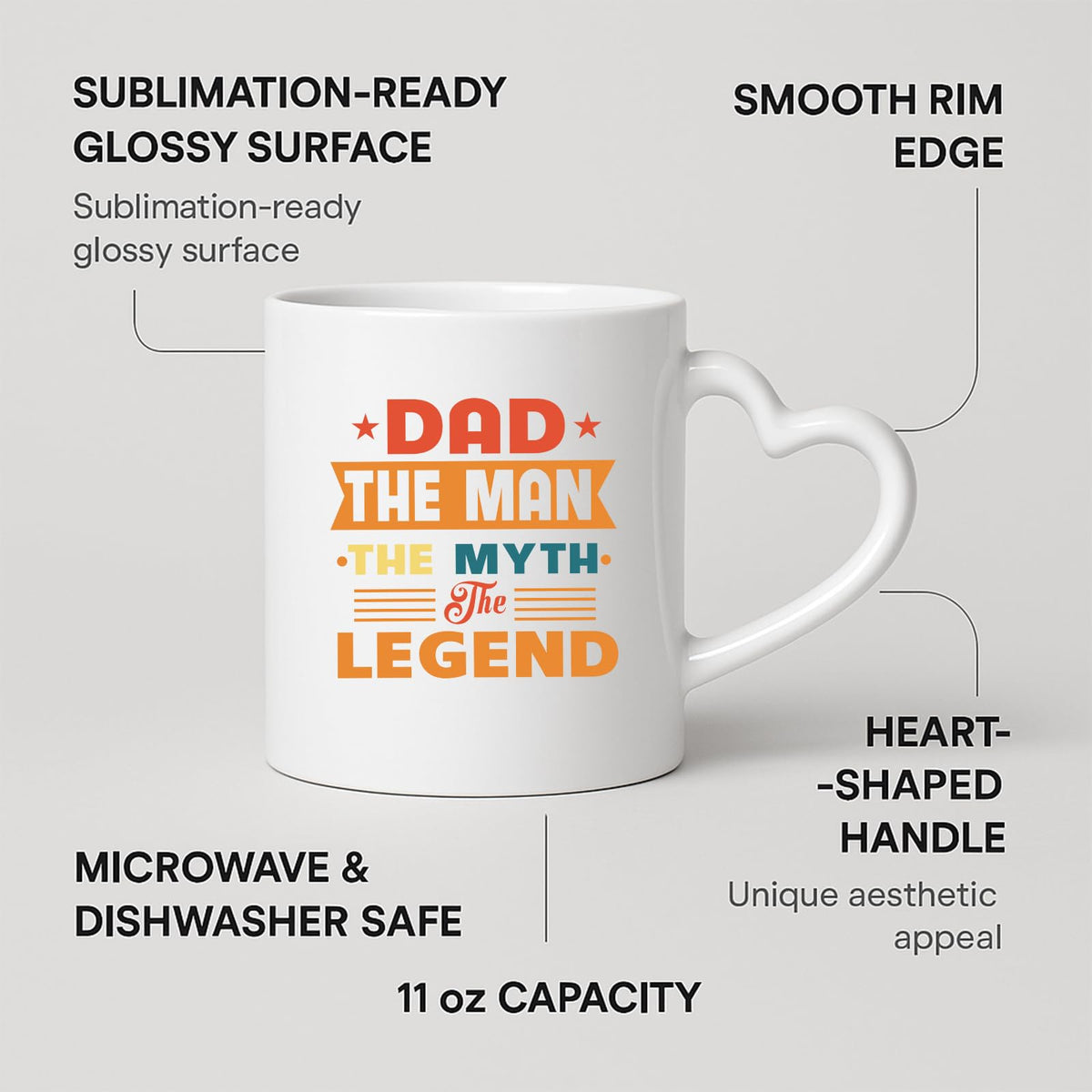 Heart-handle mug with labels for 11oz capacity, glossy surface and heart-shaped handle