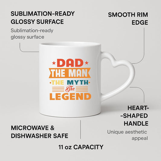Heart-handle mug with labels for 11oz capacity, glossy surface and heart-shaped handle