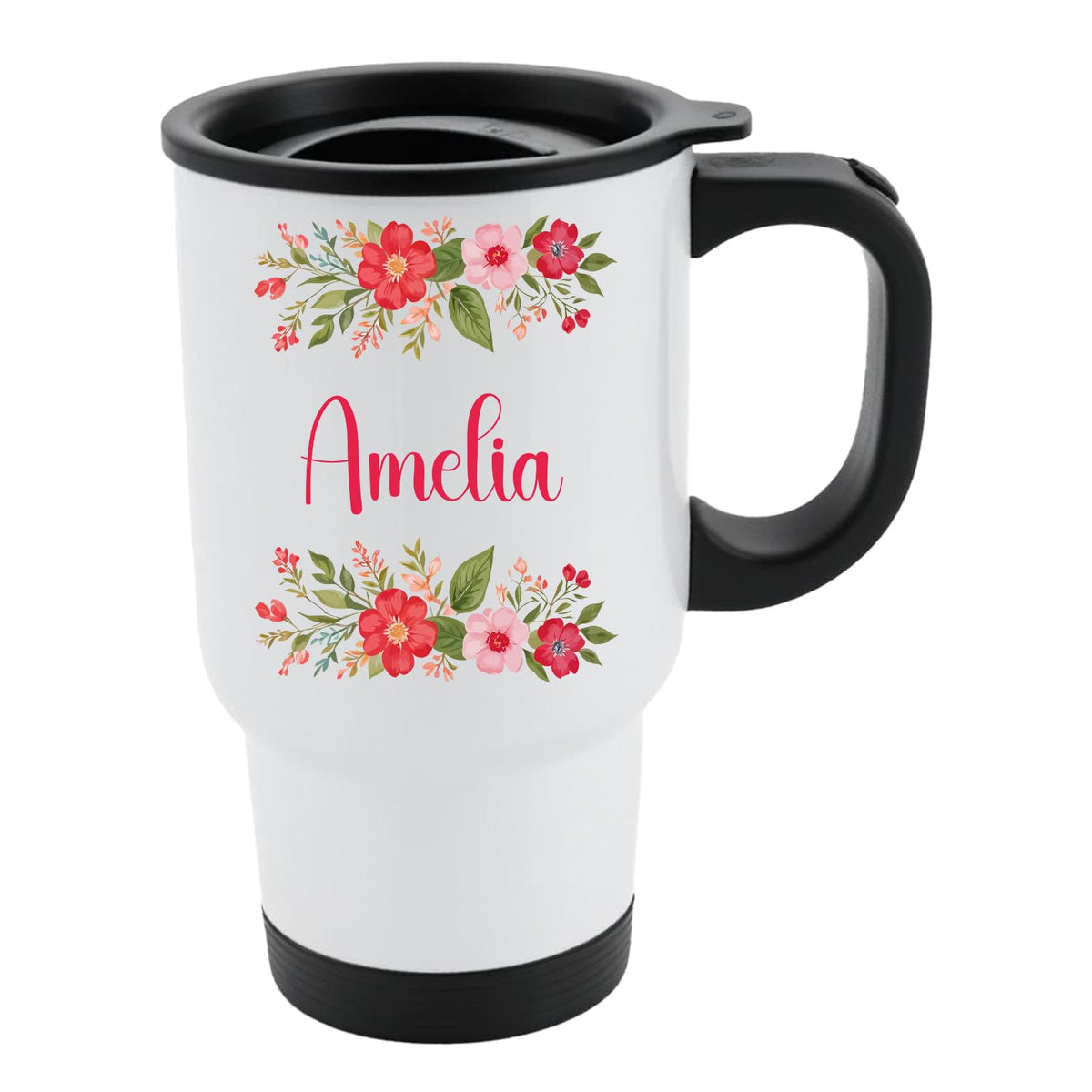 White travel mug with a red flower border around an example name