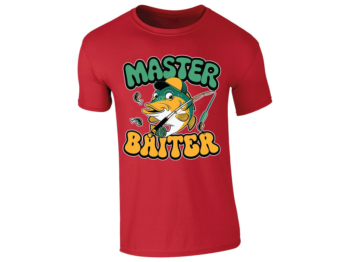 Red men's T-shirt with “Master Baiter” cartoon fish design