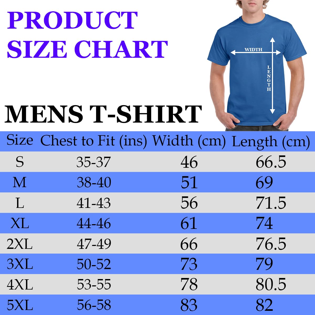 Men's T-shirt size chart with chest, width and length measurements