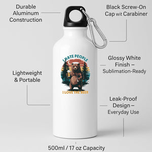 White aluminium water bottle with a bear holding a beer against a retro forest sunset with “I hate people, I love the beer”