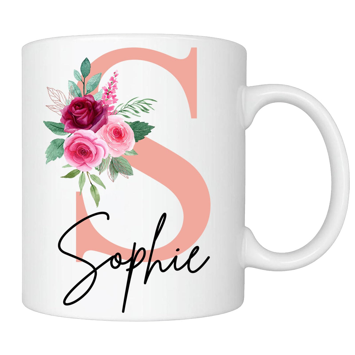 White mug with a blush pink S initial, roses and the name Sophie