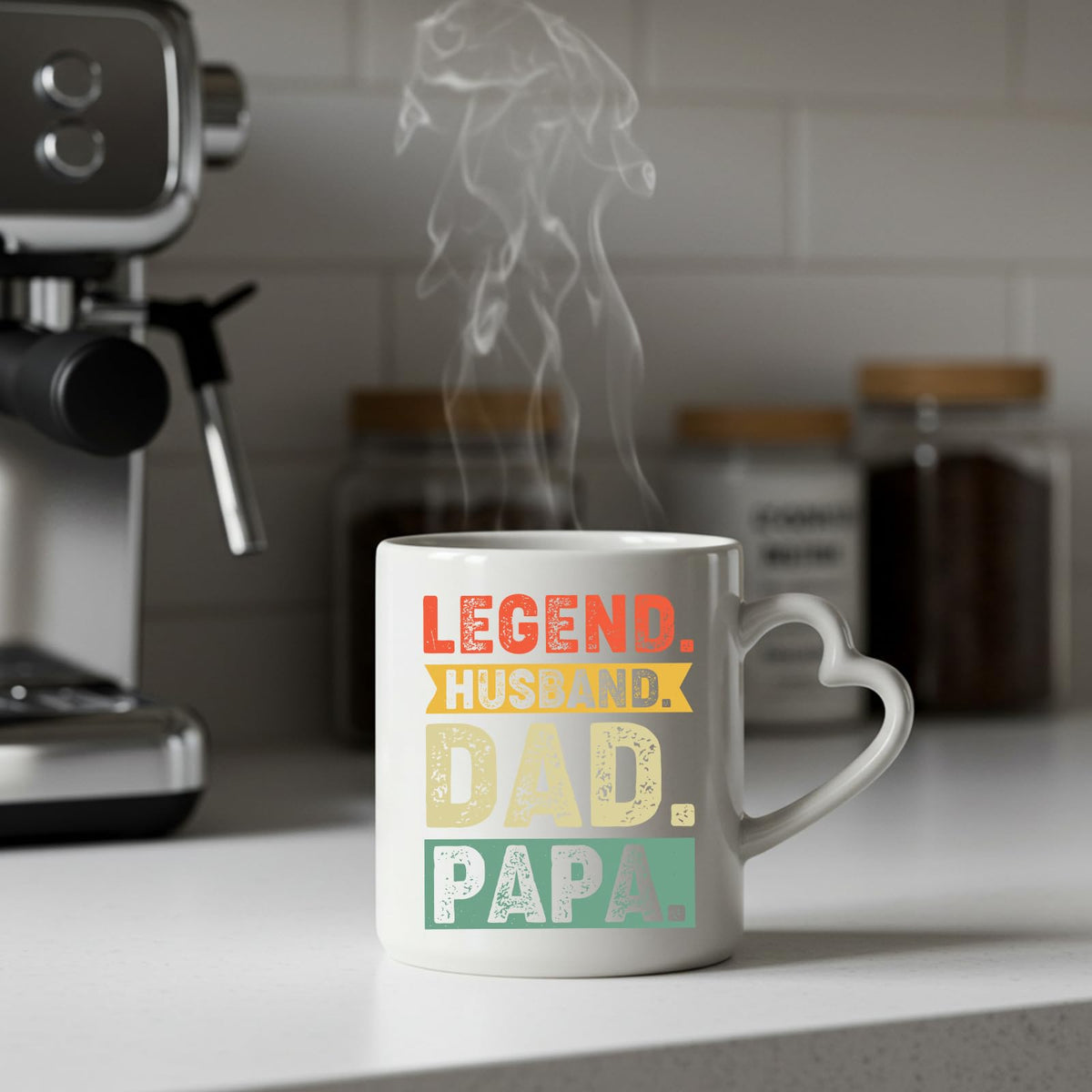 Steaming Legend Husband Dad Papa heart-handle mug on a kitchen counter
