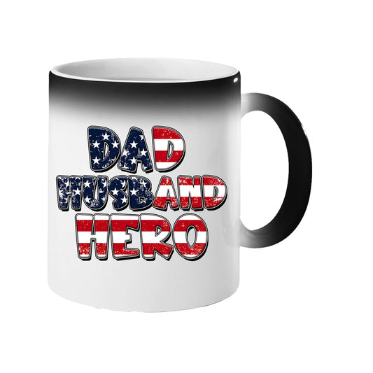 Colour changing mug revealing “Dad, Husband, Hero” in stars-and-stripes lettering