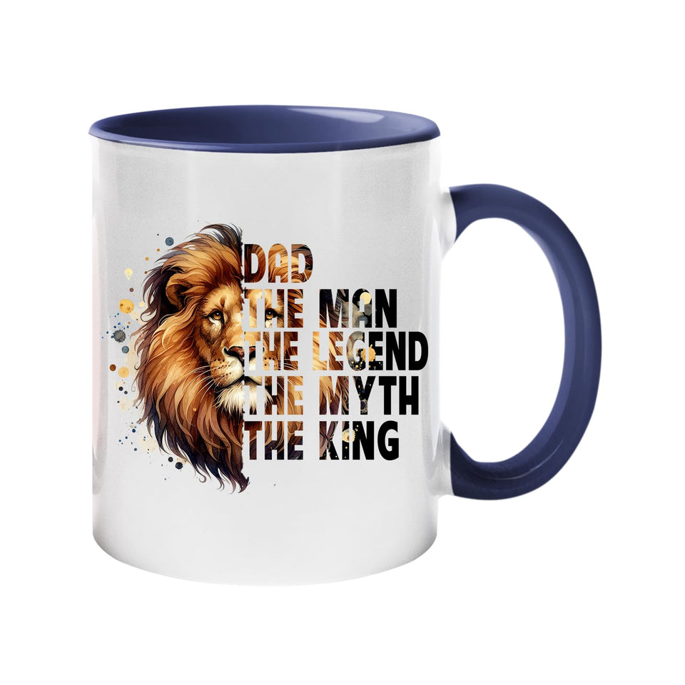 Colour handle mug with a lion’s head beside “Dad – the man, the legend, the myth, the king” – dark blue handle and inside
