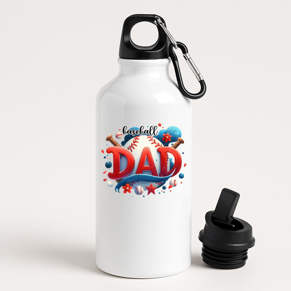 White aluminium water bottle with “Baseball DAD” in bold red letters with a baseball and bats