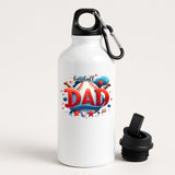 White aluminium water bottle with “Baseball DAD” in bold red letters with a baseball and bats