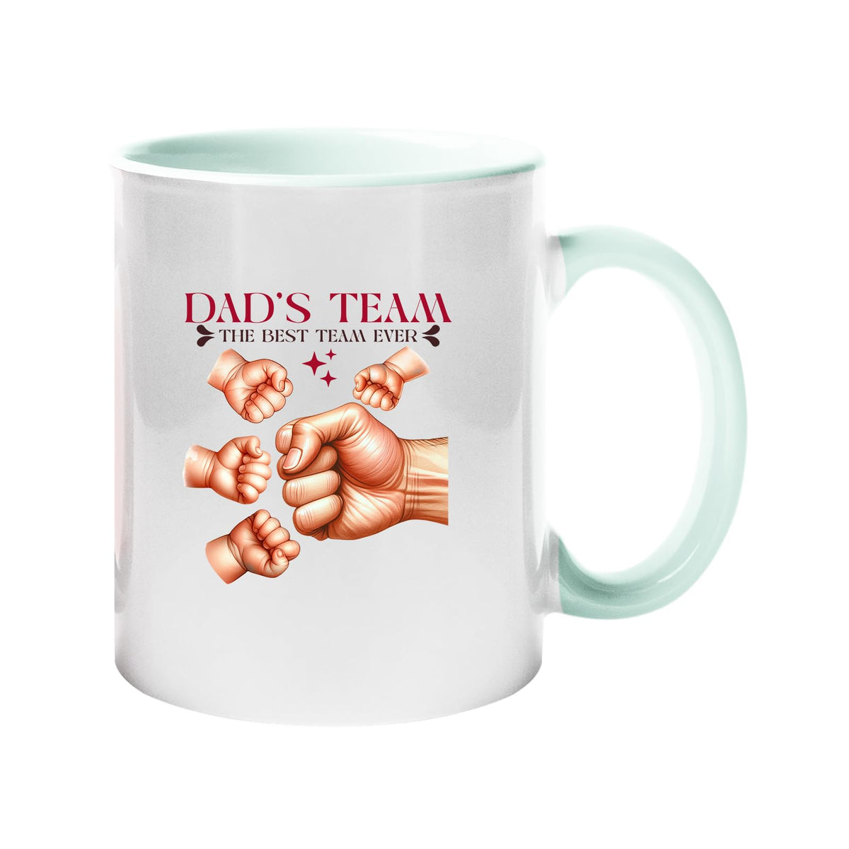 Colour handle mug with “Dad’s Team – the best team ever” with a big fist bumping little fists – lime handle and inside