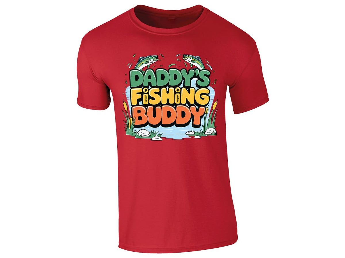 Red men's T-shirt with “Daddy’s fishing buddy” pond and fish design