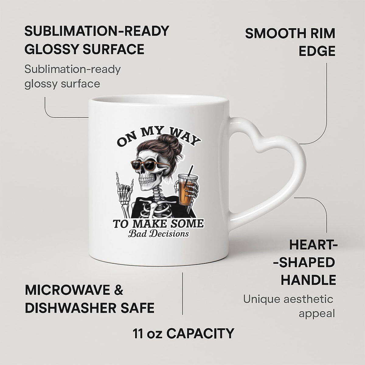 Heart-handle mug with labels for 11oz capacity, glossy surface and heart-shaped handle