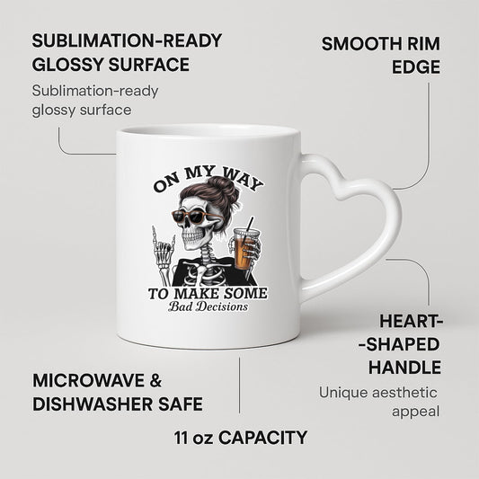 Heart-handle mug with labels for 11oz capacity, glossy surface and heart-shaped handle