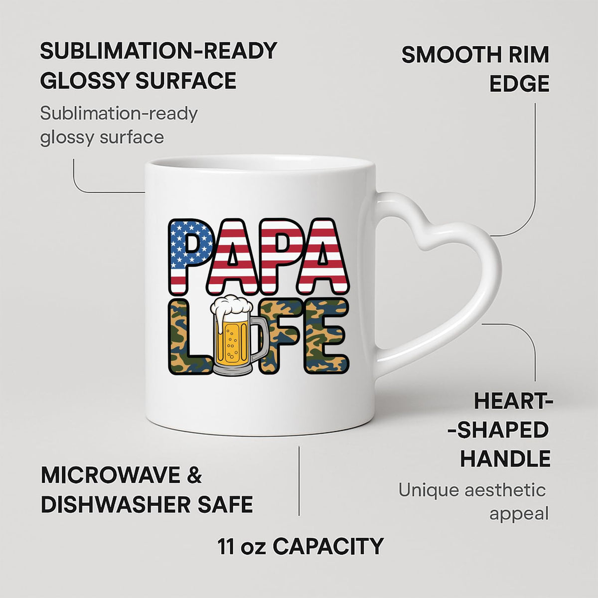 Heart-handle mug with labels for 11oz capacity, glossy surface and heart-shaped handle
