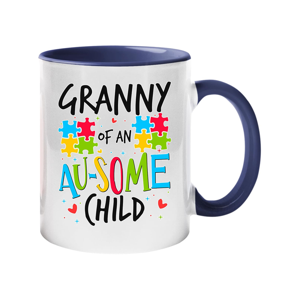 Colour handle mug with “Granny of an AU-SOME child” with colourful puzzle pieces – dark blue handle and inside
