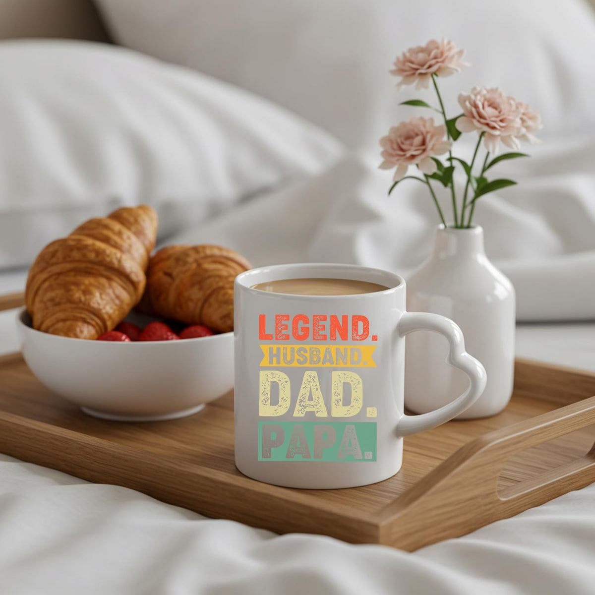 Legend Husband Dad Papa heart-handle mug on a breakfast tray with croissants and flowers