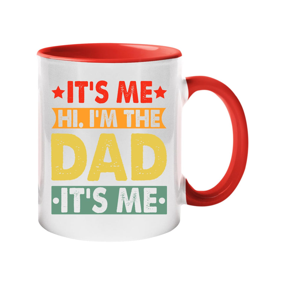 Colour handle mug with “It’s me, hi, I’m the dad, it’s me” in retro coloured banners – red handle and inside