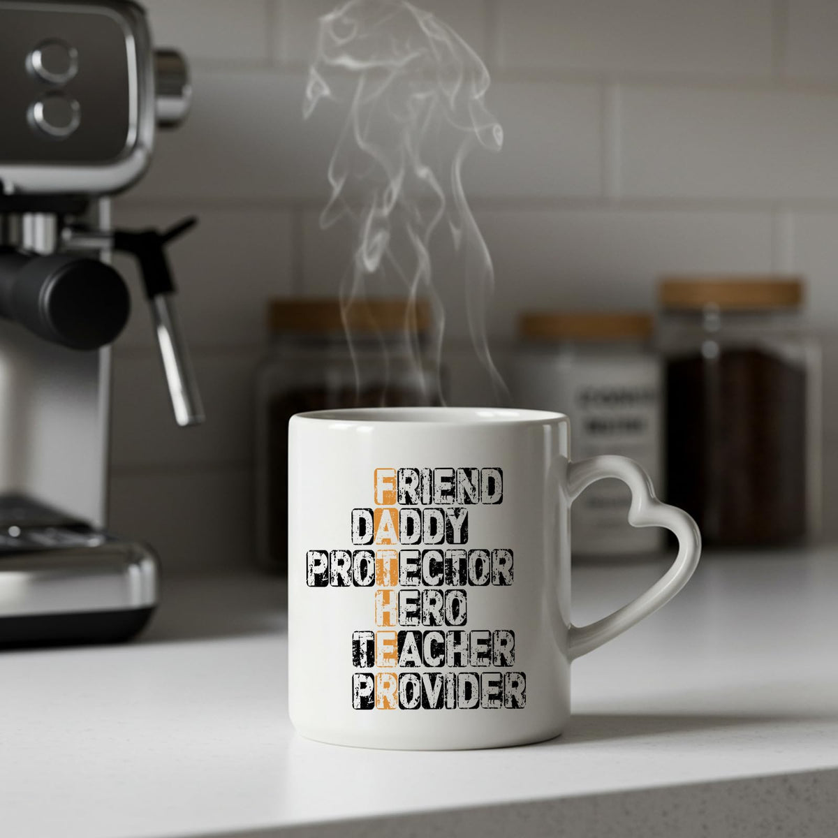 Steaming FATHER acrostic heart-handle mug on a kitchen counter