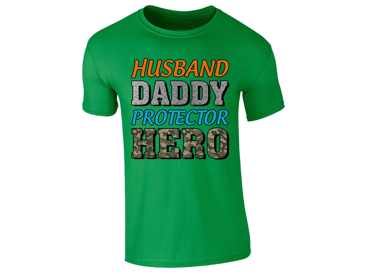Irish Green men's T-shirt with “Husband, Daddy, Protector, Hero” camo lettering design
