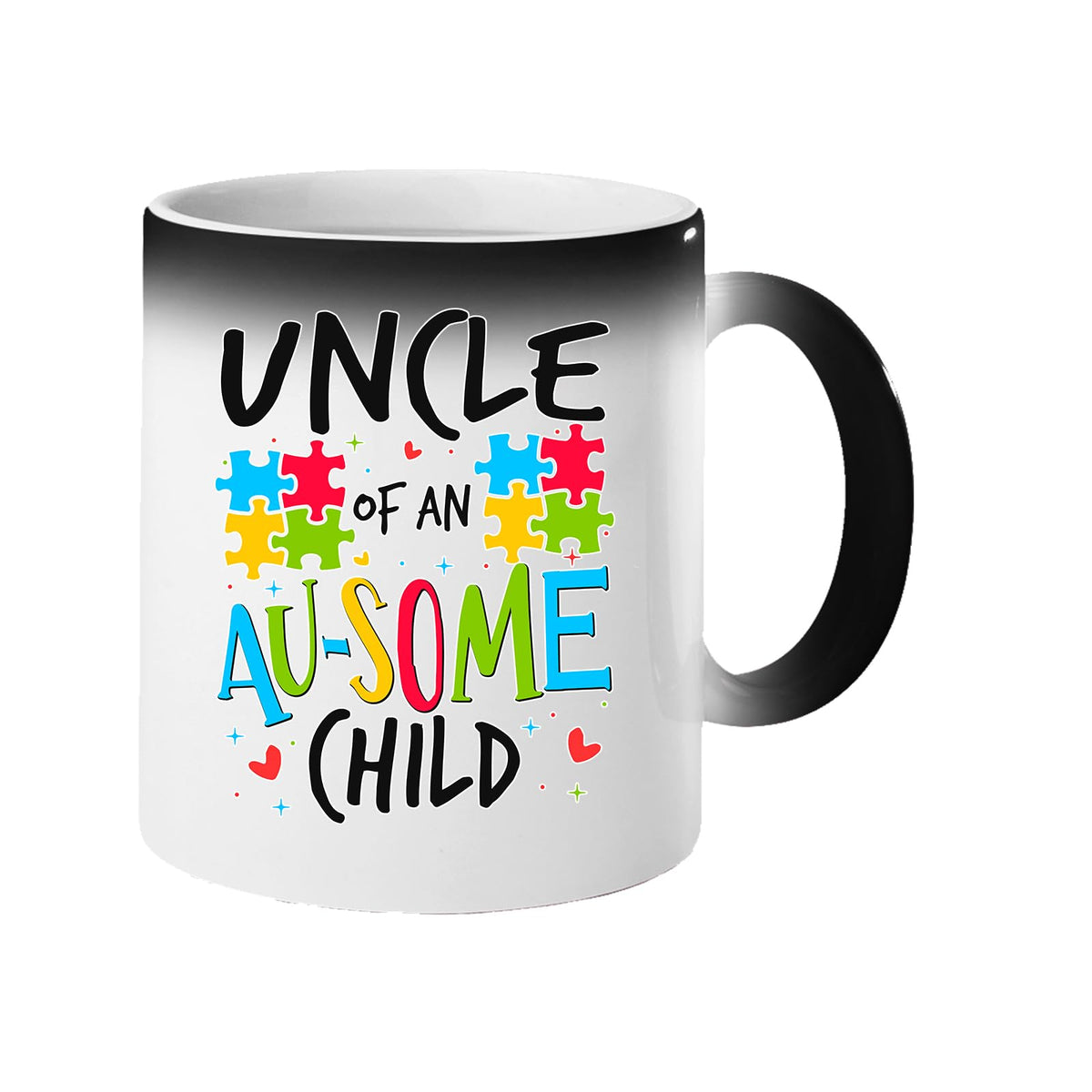 Colour changing mug revealing “Uncle of an AU-SOME child” with colourful puzzle pieces