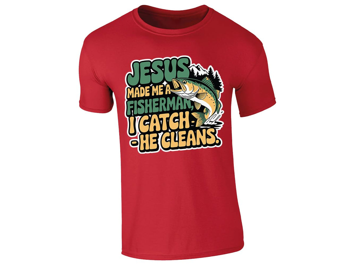 Red men's T-shirt with “Jesus made me a fisherman – I catch, He cleans” design