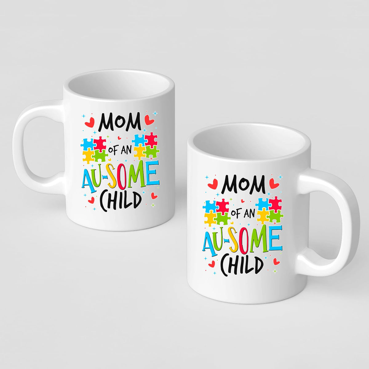 Front and back of the Mom of an Au-Some Child mug