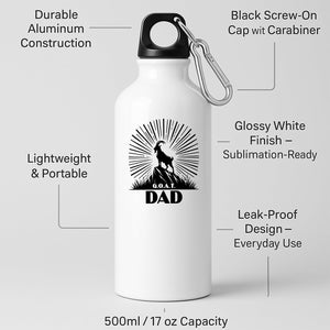 White aluminium water bottle with a mountain goat on a peak with a sunburst and “G.O.A.T. Dad”