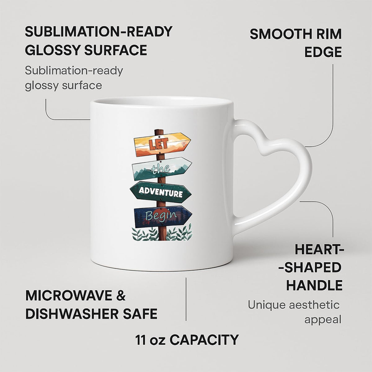 Heart-handle mug with labels for 11oz capacity, glossy surface and heart-shaped handle