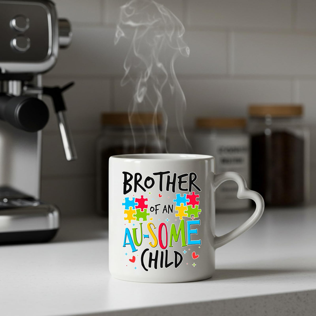 Steaming Brother of an Au-Some Child heart-handle mug on a kitchen counter