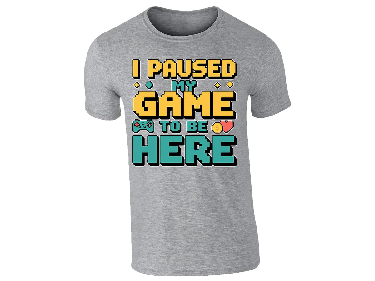 Heather Grey men's T-shirt with “I paused my game to be here” design