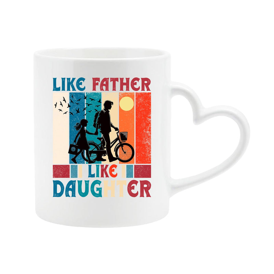 White heart-handle mug with a dad and daughter with a bike in silhouette over retro stripes and “Like father, like daughter”