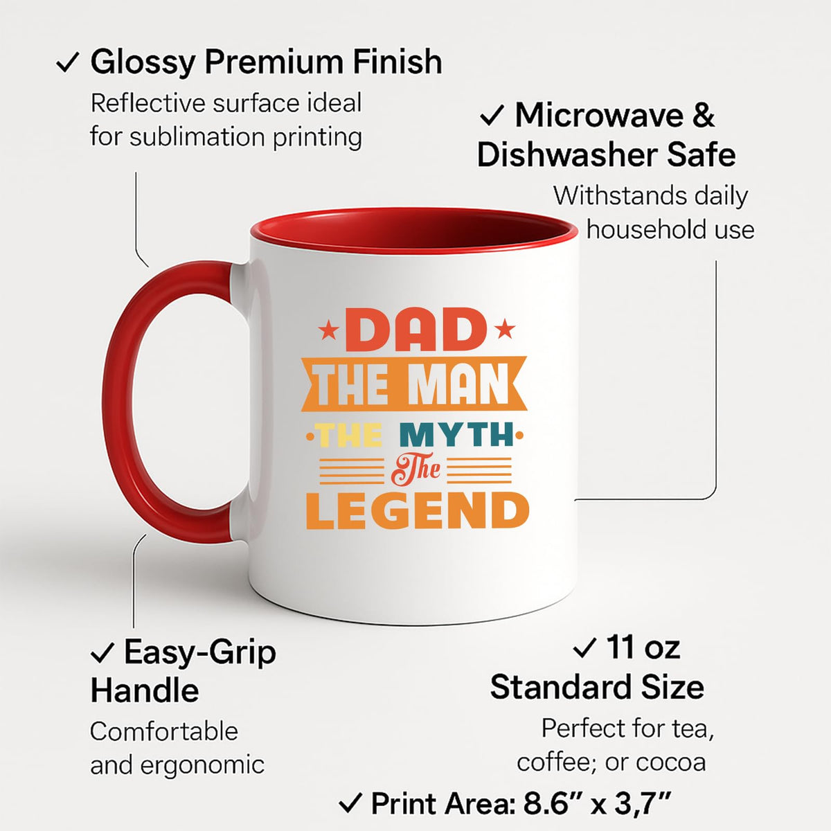 Colour handle mug with labels for 11oz size, glossy finish and easy-grip handle