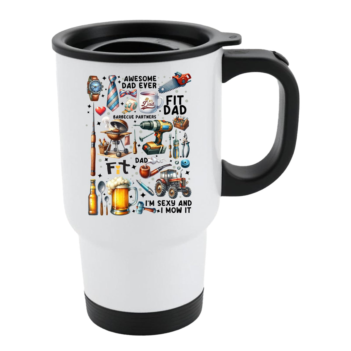 White travel mug with black lid and a collage of dad favourites – BBQ, tools, beer, a tractor and “Awesome Dad Ever”