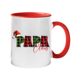 Colour handle mug with “Papa” in red and green plaid with a Santa hat and “Claus” in script – red handle and inside