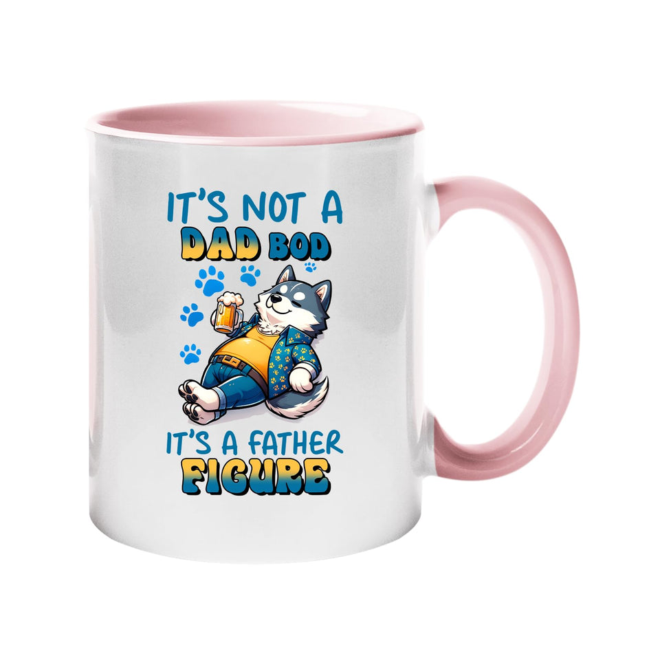 Colour handle mug with a relaxed husky with a beer and “It’s not a dad bod, it’s a father figure” – light pink handle and inside