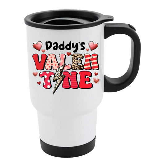White travel mug with black lid and “Daddy’s Valentine” in patterned letters with hearts and a leopard lightning bolt