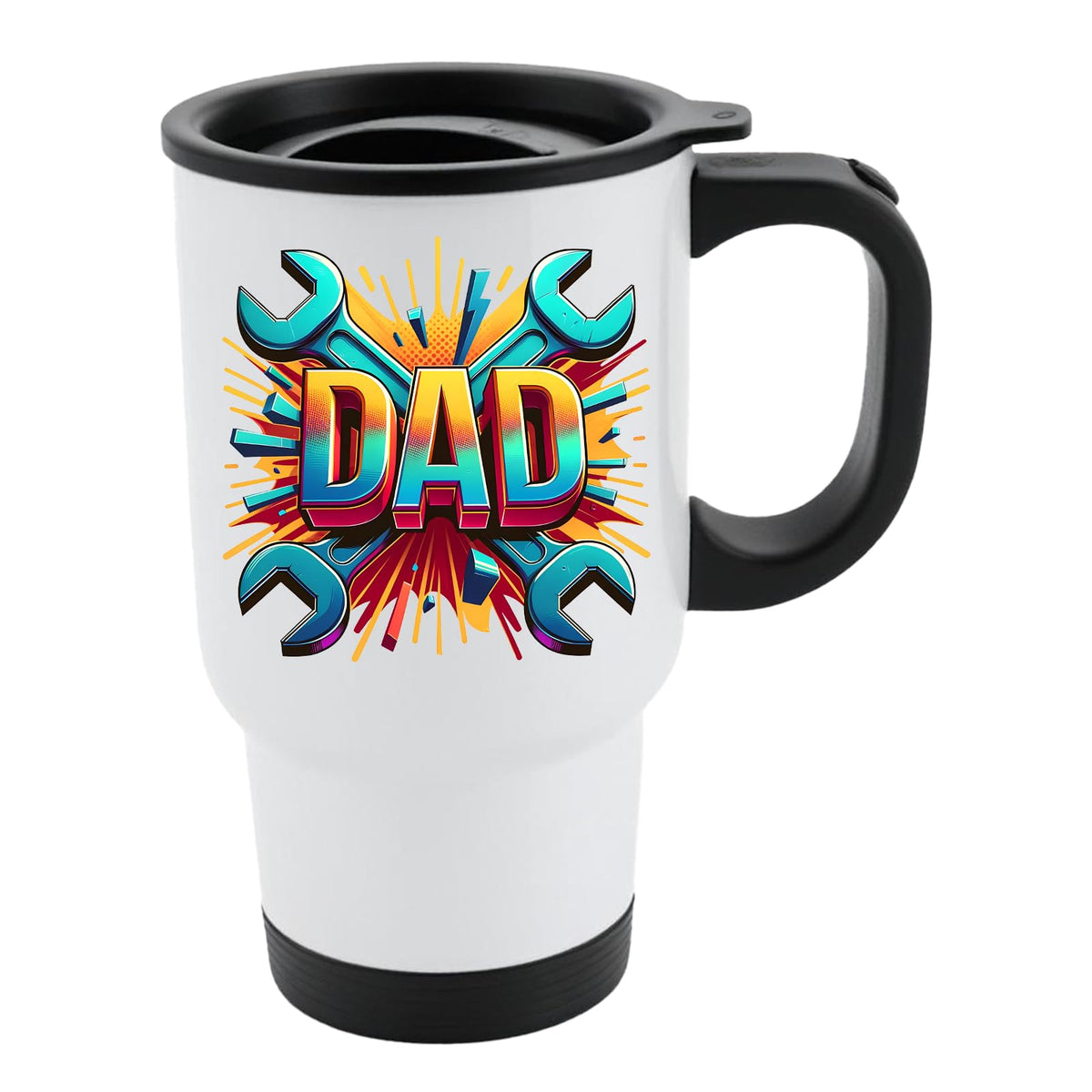 White travel mug with black lid and a comic-style “DAD” on a burst of crossed spanners