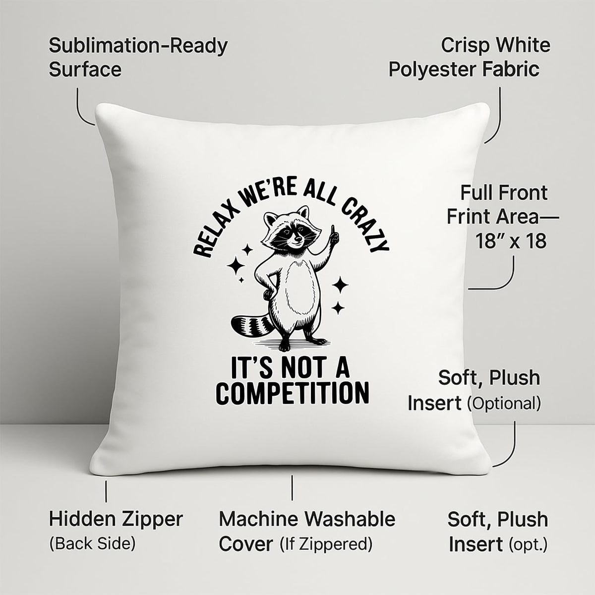 Relax We’re All Crazy raccoon cushion with labels for 18 x 18 inch print area, hidden zip and washable cover