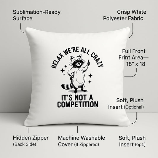 Relax We’re All Crazy raccoon cushion with labels for 18 x 18 inch print area, hidden zip and washable cover