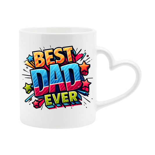 White heart-handle mug with “Best Dad Ever” in bold comic-book lettering with stars